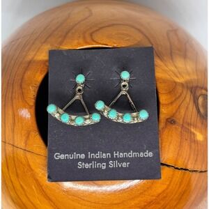 Genuine Indian Handmade Sterling Silver Turquoise Fan Earrings Southwestern
